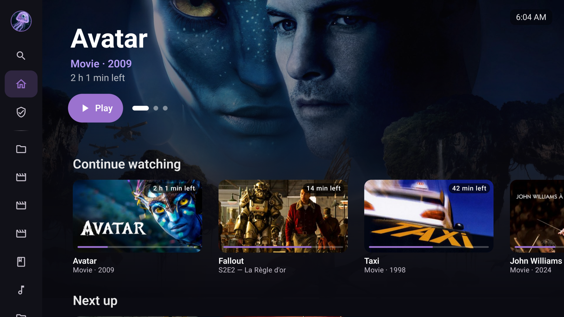 Best Jellyfin Android TV client interface showing trickplay thumbnails and 4K HDR playback on a TV screen